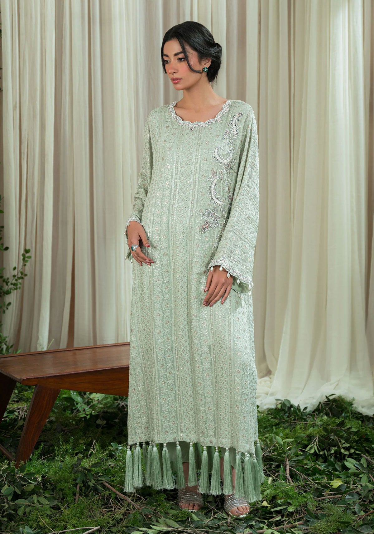 Mint Chikankari Tassel Kaftan