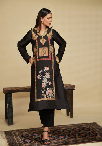 Straight Long Shirt Digital Print on Pure Silk