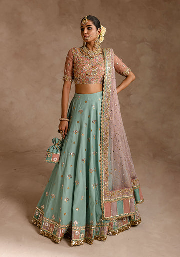 Stunning Blue And Pink Bridal Ensemble