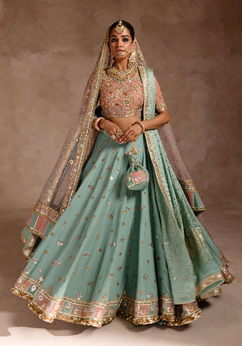 Stunning Blue And Pink Bridal Ensemble