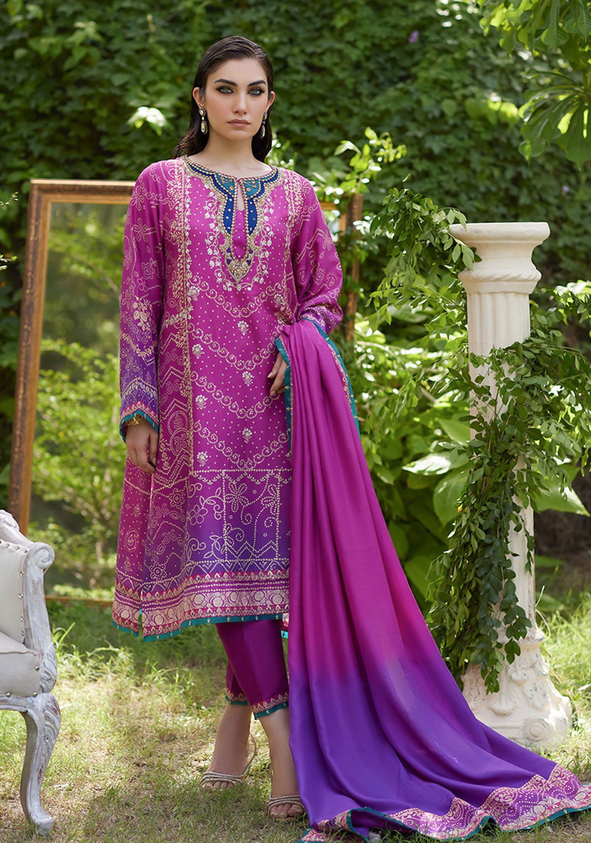 Tazeen Magenta Ombre Shirt And Dupatta