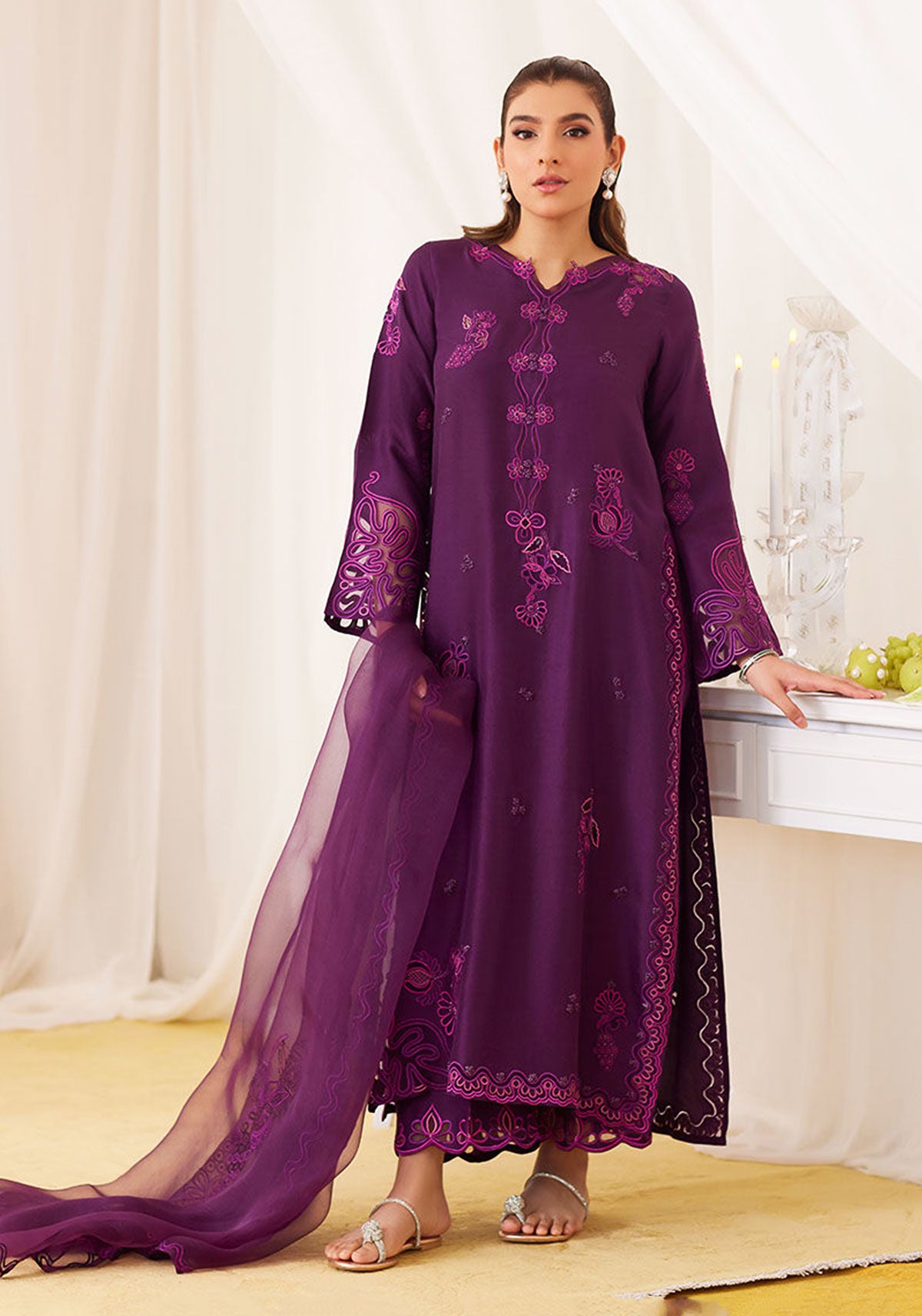 Teo Eggplant Embroidered Shirt And Dupatta