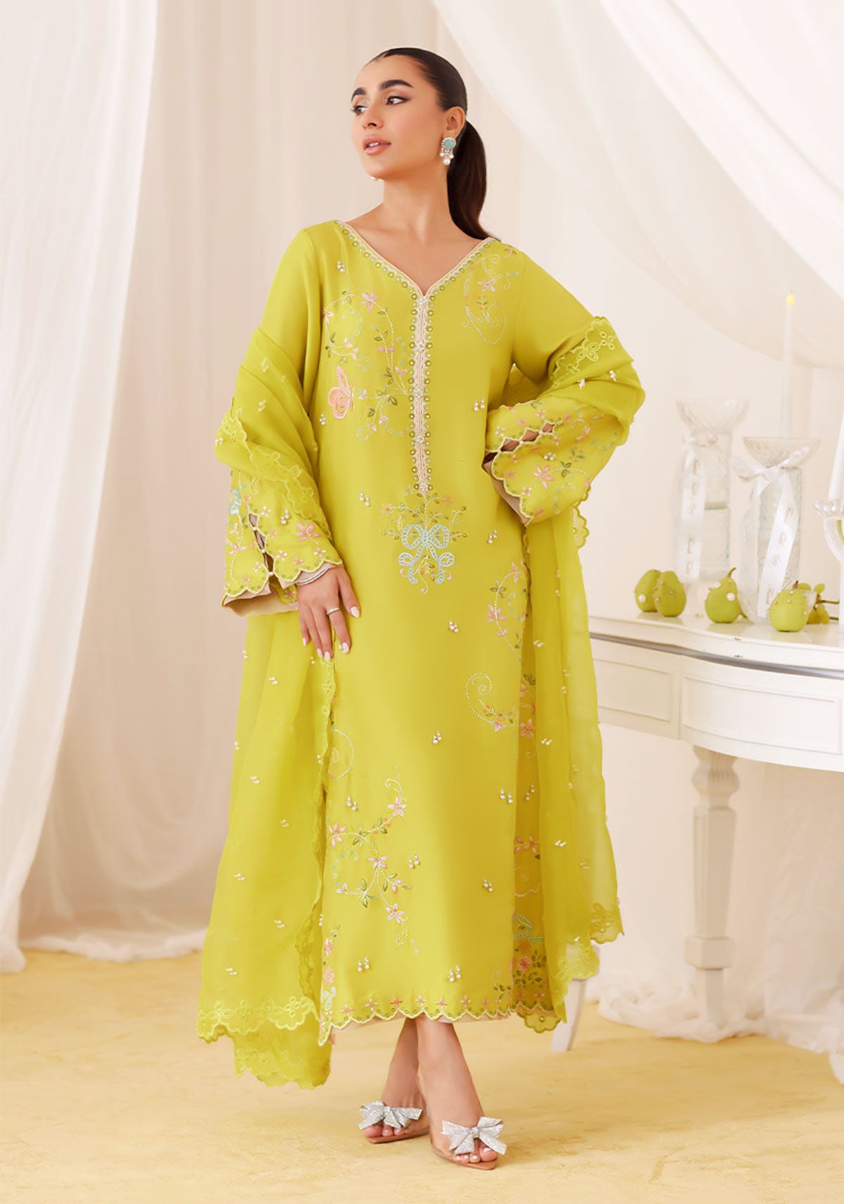 Marija Kiwi Green Embroidered Shirt And Dupatta