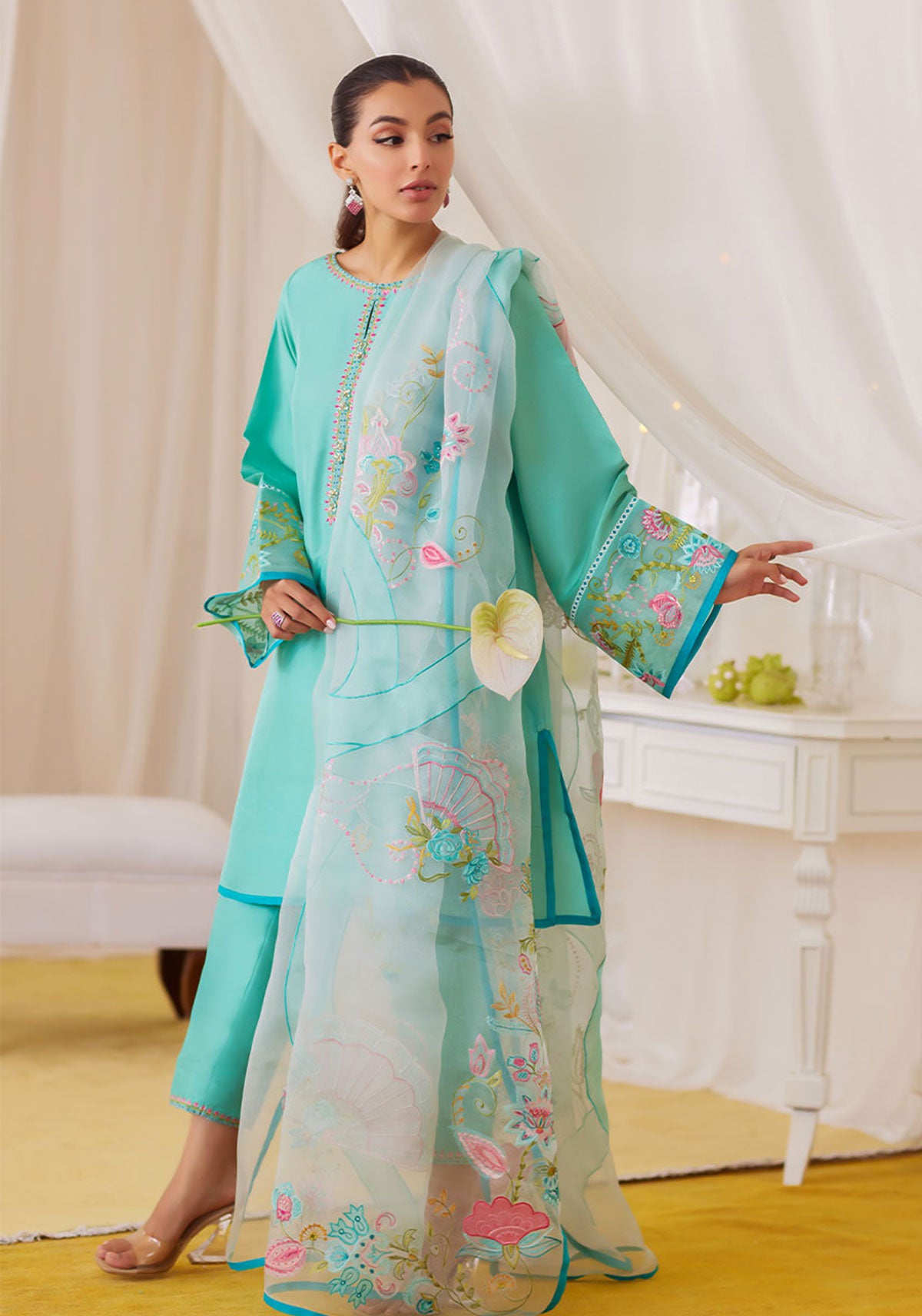 Una Turquoise Shirt And Embroidered Dupatta