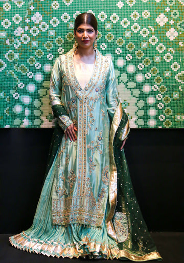 Mint Green Silk Crush Gown with Embroidered Net Dupatta