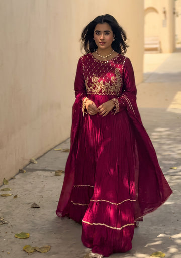 Pink Cutdana Embroidered Bodice Crush Gown