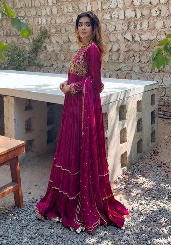 Pink Cutdana Embroidered Bodice Crush Gown
