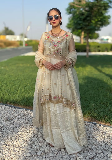 Ivory Short Cutwork Embroidered Suit with Pure Digital Chamois Embroidered Shawl