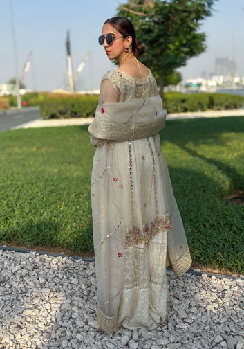 Ivory Short Cutwork Embroidered Suit with Pure Digital Chamois Embroidered Shawl