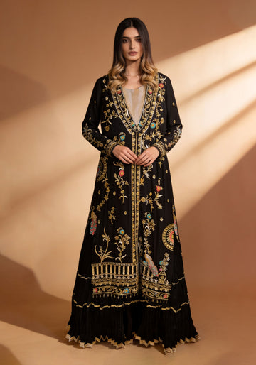 Black Maysuri Bodice with Peacock Tassels, Shocking Pink Net Embroidered Dupatta & Crush Gown