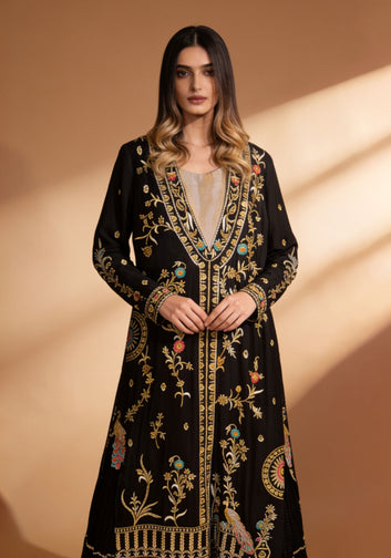 Black Maysuri Bodice with Peacock Tassels, Shocking Pink Net Embroidered Dupatta & Crush Gown