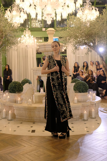 Elegant Black Long Embroidered Coat