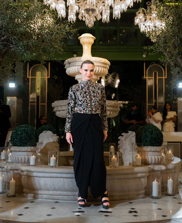 Luxury Black Embroidered Jacket with Draped Trousers