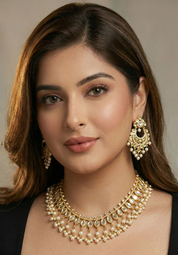 Handcrafted Kundan &amp; Pearl Choker Set with Chandbali Earrings