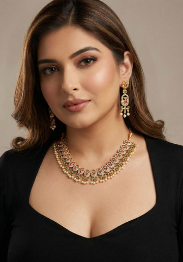Royal Multi-Gem Antique Gold Necklace & Earring Set