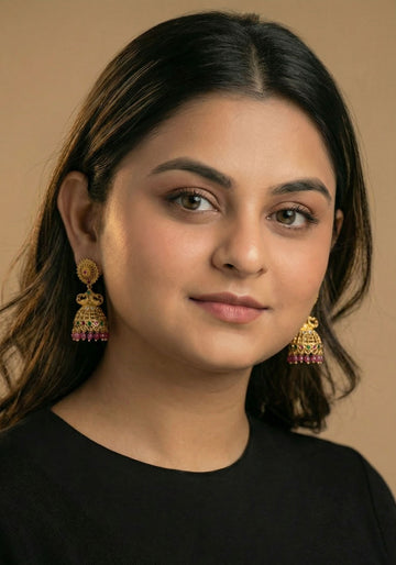 Heritage Gold Jhumka Earrings with Ruby Emerald Accents