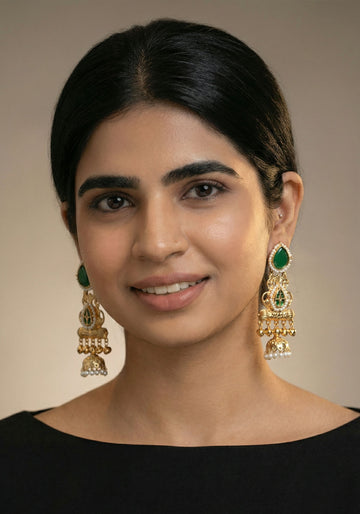 Imperial Emerald & Pearl Tiered Jhumka Earrings