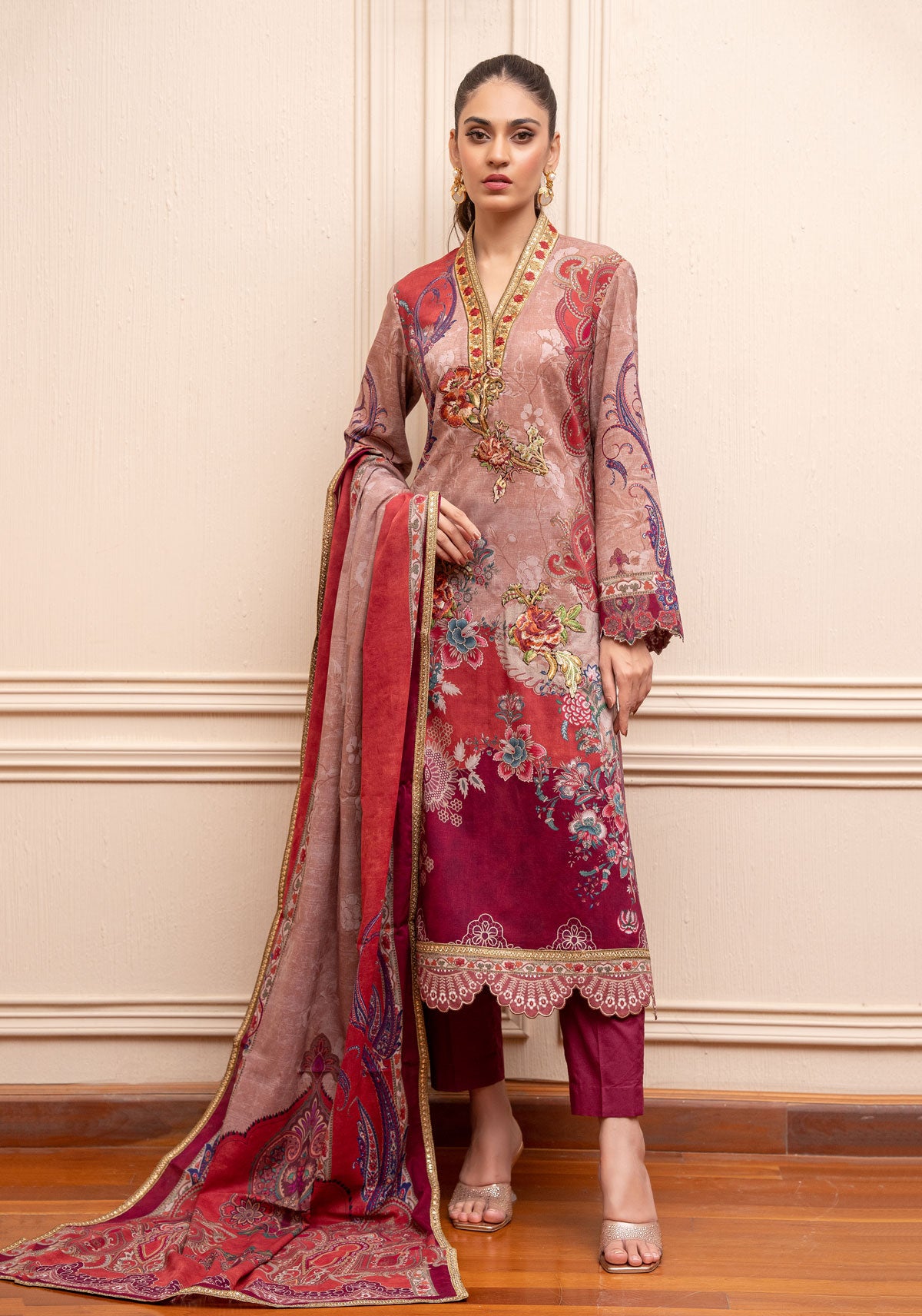 Unstitched Lawn Pret Digitally Printed With Embroidered Combination Outfit