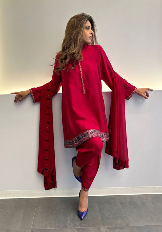 Red Silk Suit with Tie-Dye Border Dupatta