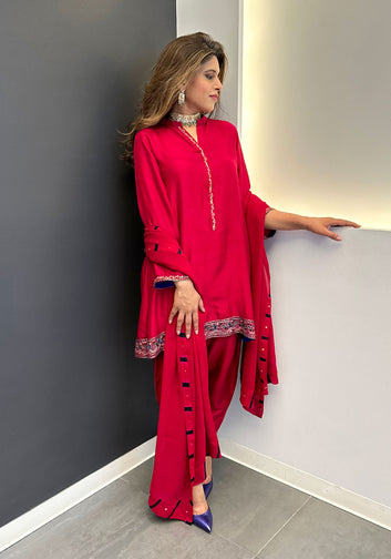 Red Silk Suit with Tie-Dye Border Dupatta