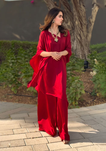 Red Flowing Cape Co-Ord Set
