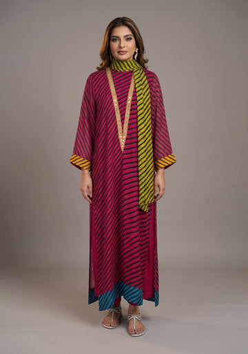 Magenta & Black Striped Silk Tunic with Green Contrast Scarf