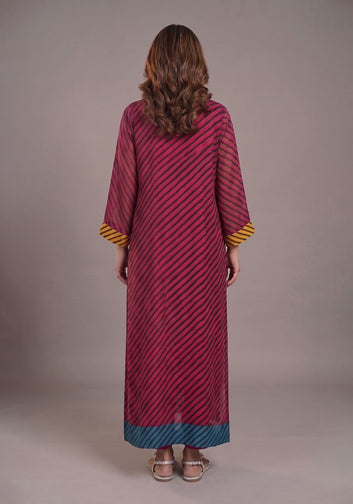 Magenta & Black Striped Silk Tunic with Green Contrast Scarf