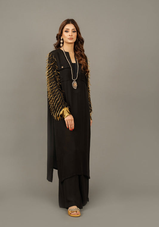 Black Long Bugle Beaded Shirt With Trouser