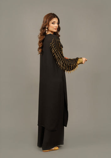 Black Long Bugle Beaded Shirt With Trouser