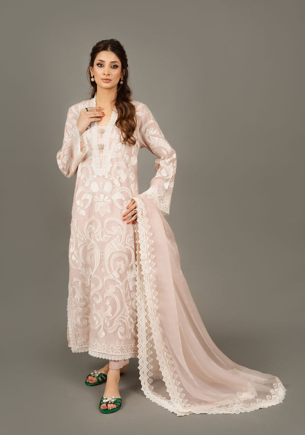Pink Embroidered Shirt With Trouser And Dupatta