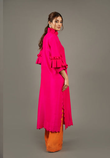 Hotpink Rawsilk Long Tunic With Flared Pants