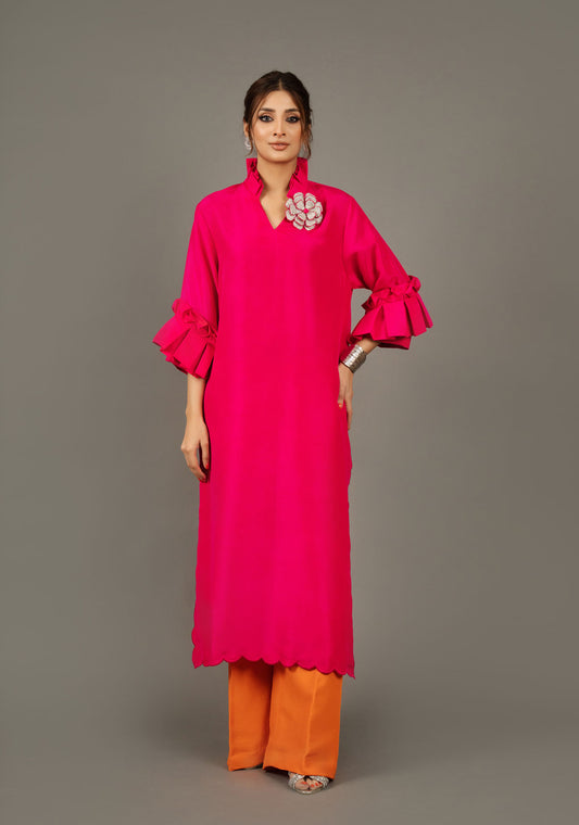 Hotpink Rawsilk Long Tunic With Flared Pants