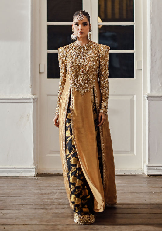 Gold Lamé Long Embellished Kameez with Jamawar Dhaka Pajama