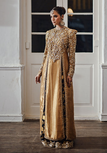 Gold Lamé Long Embellished Kameez with Jamawar Dhaka Pajama