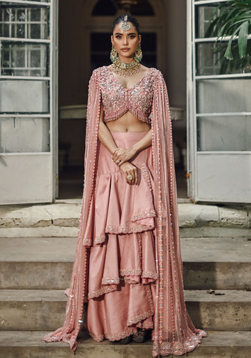 Pink Embellished Choli with Ruffled Skirt and Net Dupatta