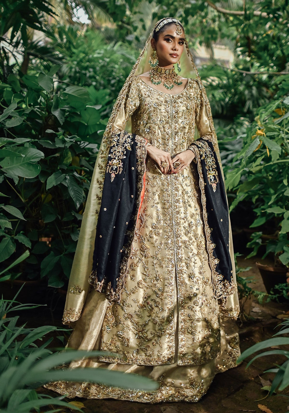 Gold Lamé Embellished Bridal Kameez with Scalloped Dupatta and Kalidar Lehenga