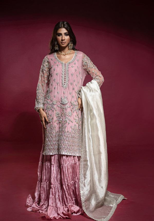 Pink Net Embellished Tunic with Silk Jhubba