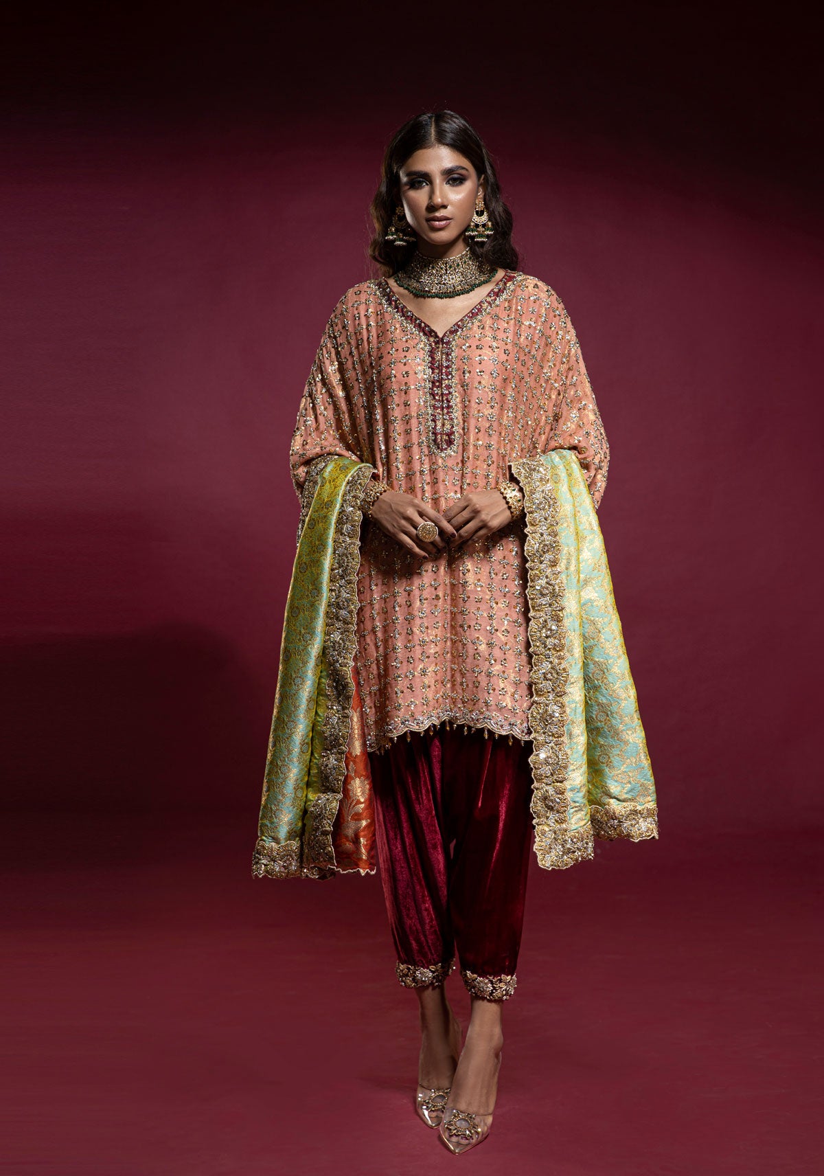 Peach Embellished Box Tunic with Red Velvet Shalwar and Kamkhaab Chaadar