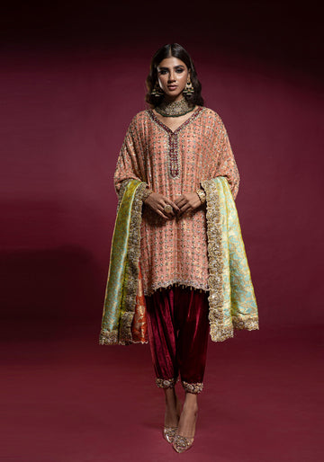 Peach Embellished Box Tunic with Red Velvet Shalwar and Kamkhaab Chaadar