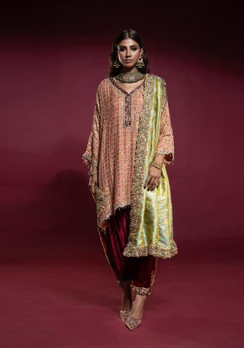 Peach Embellished Box Tunic with Red Velvet Shalwar and Kamkhaab Chaadar