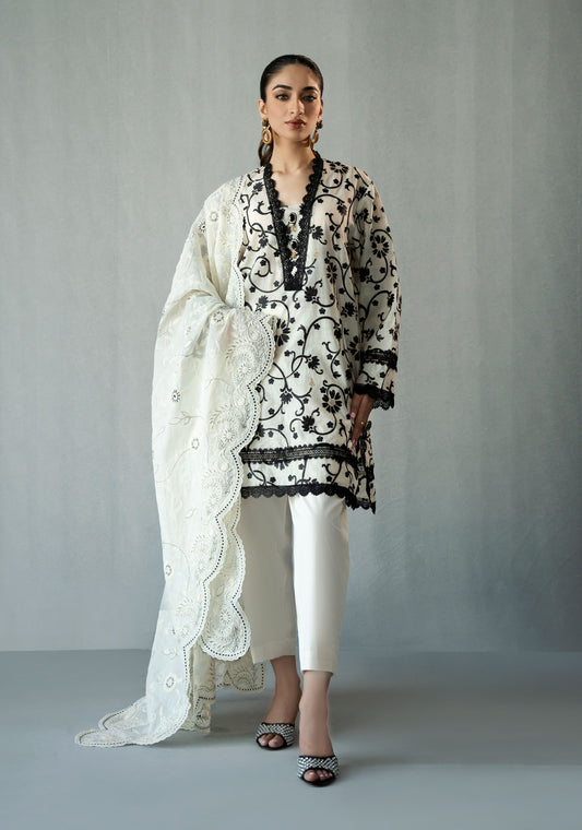 Black and White Embroidered Tunic with Trouser and Dupatta