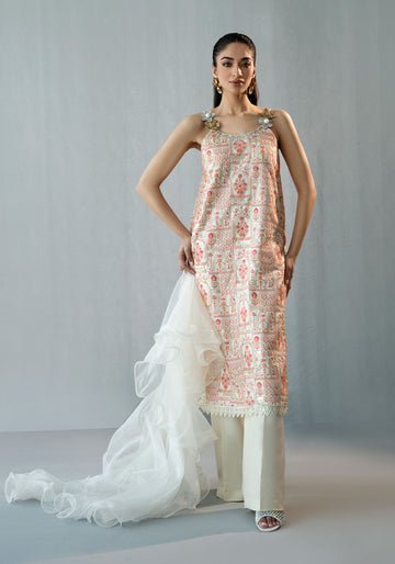 Pink & Orange Embroidered Kameez with 3D Flowers, Flared Trouser & Frilled Dupatta