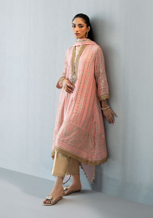 Pink Drop Hemline Tunic with Gold Pants & Chiffon Dupatta