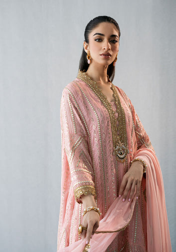 Pink Drop Hemline Tunic with Gold Pants & Chiffon Dupatta