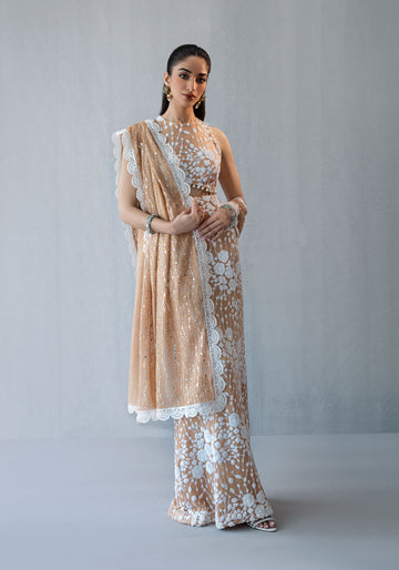 Peach Embellished Choli and Straight Skirt with Dupatta