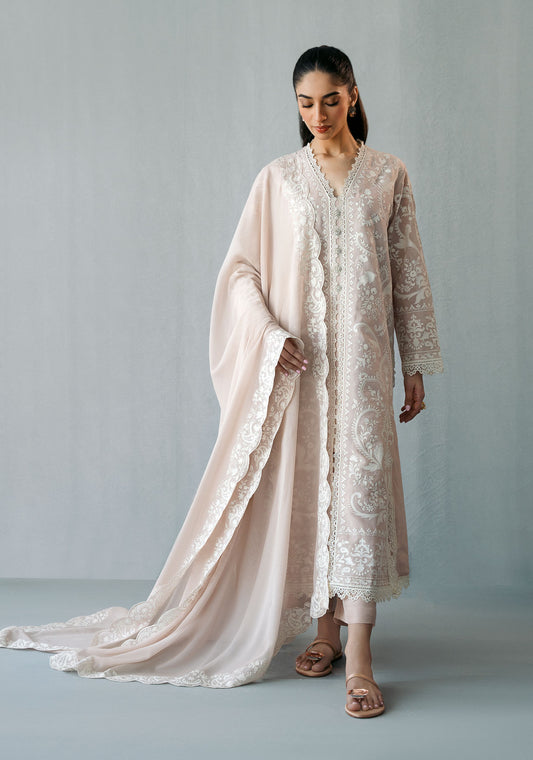 Pink & White Embroidered Long Tunic with Izaar & Chiffon Dupatta