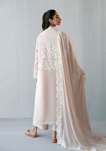 Pink & White Embroidered Long Tunic with Izaar & Chiffon Dupatta