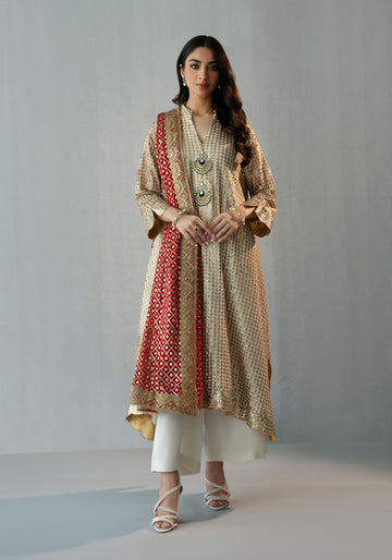 White and Gold Sequined Drop Hemline Tunic with Izaar and Embellished Red Dupatta