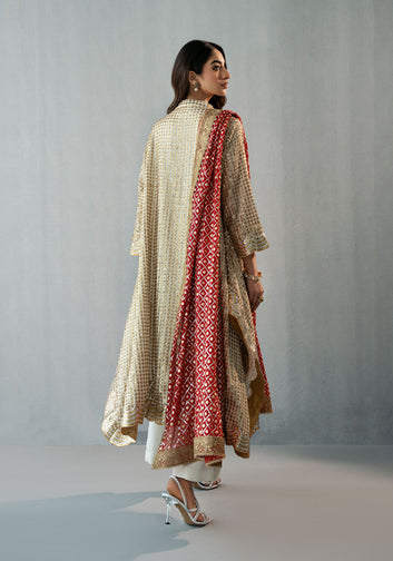 White and Gold Sequined Drop Hemline Tunic with Izaar and Embellished Red Dupatta