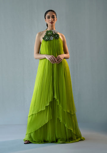 Green Chiffon Dress with 3D floral Embellished Neckline